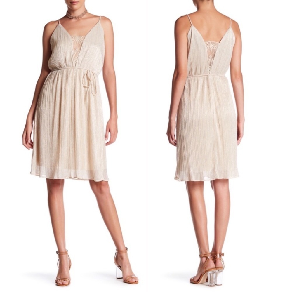 Spirit of Grace Metallic Champagne Lace Inset Midi Dress Size XL NWT